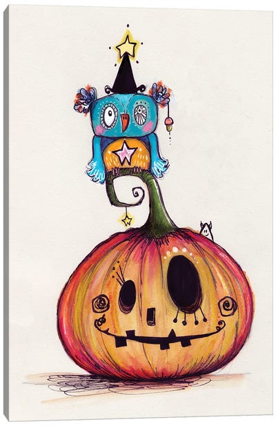Pumpkin With Quirky Bird Canvas Art Print - Pumpkins