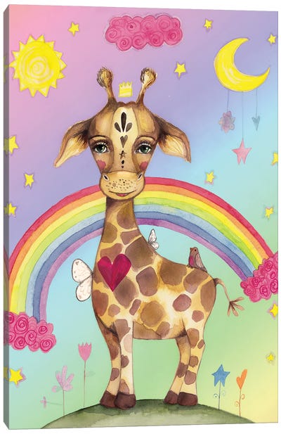 Sweet Giraffe Rainbow Background Canvas Art Print - Tamara Laporte