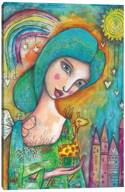 Girl With Giraffe Canvas Art Print - Rainbow Art