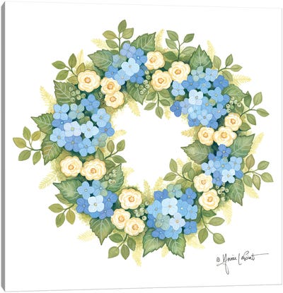 Hydrangeas in Bloom Wreath Canvas Art Print - Annie LaPoint