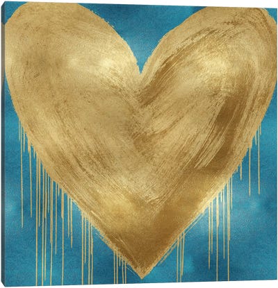 Big Hearted Gold on Aqua Canvas Art Print - Blue & Gold Art