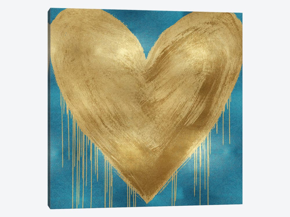 Big Hearted Gold on Aqua by Lindsay Rodgers 1-piece Canvas Artwork