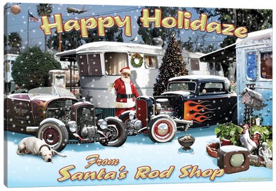Santa's Hot Rod Shop Canvas Art Print - Santa Claus Art
