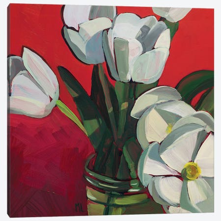 Tulips On Red Canvas Print #LRS23} by Mónica Linares Canvas Art Print