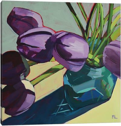 Violet Tulips On Grey Canvas Art Print - Mónica Linares
