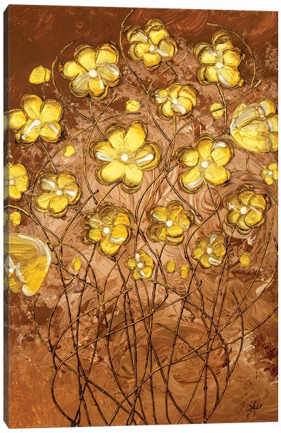 Gold Blossoms On Coffee Canvas Art Print - Amber Lamoreaux