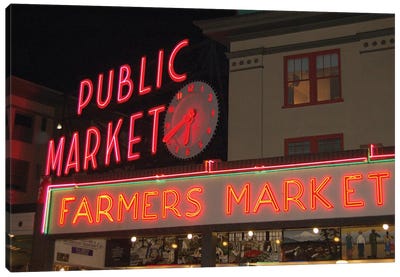 Public Market Center & Farmers Market Neon Signs, Pike Place Market, Seattle, Washington, USA Canvas Art Print - Signs