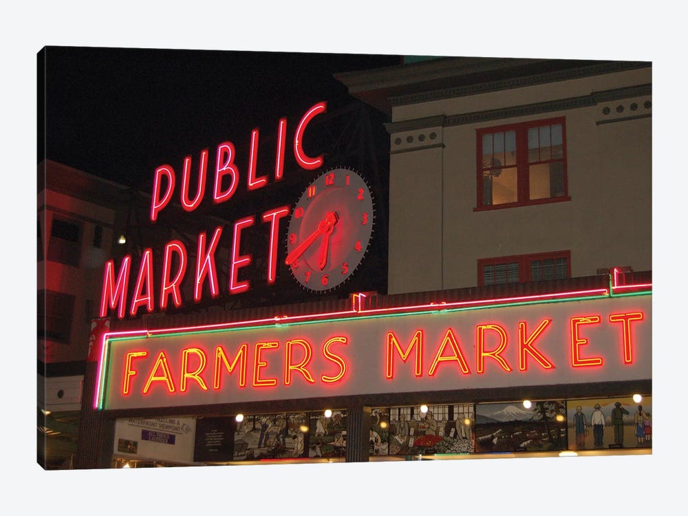 Public Market Center & Farmers Market Neon Signs, Pike Place Market, Seattle, Washington, USA by Lynn Seldon 1-piece Canvas Art Print