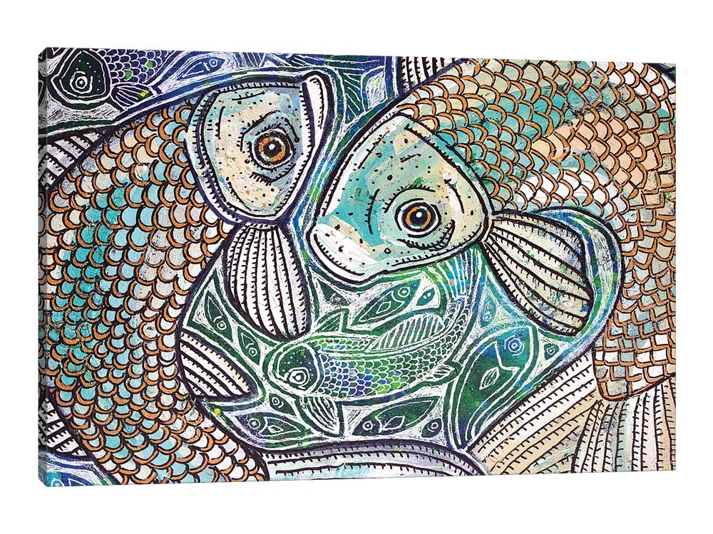 iCanvas Blue Fish Swirl Art by Lynnette Shelley Canvas Art Wall Decor ( Animals > Sea Life > Fish art) - 12x18 in