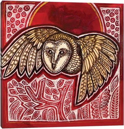 Owl And Red Moon Canvas Art Print - Lynnette Shelley