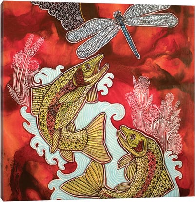 Red Sky, Leaping Trout Canvas Art Print - Dragonfly Art