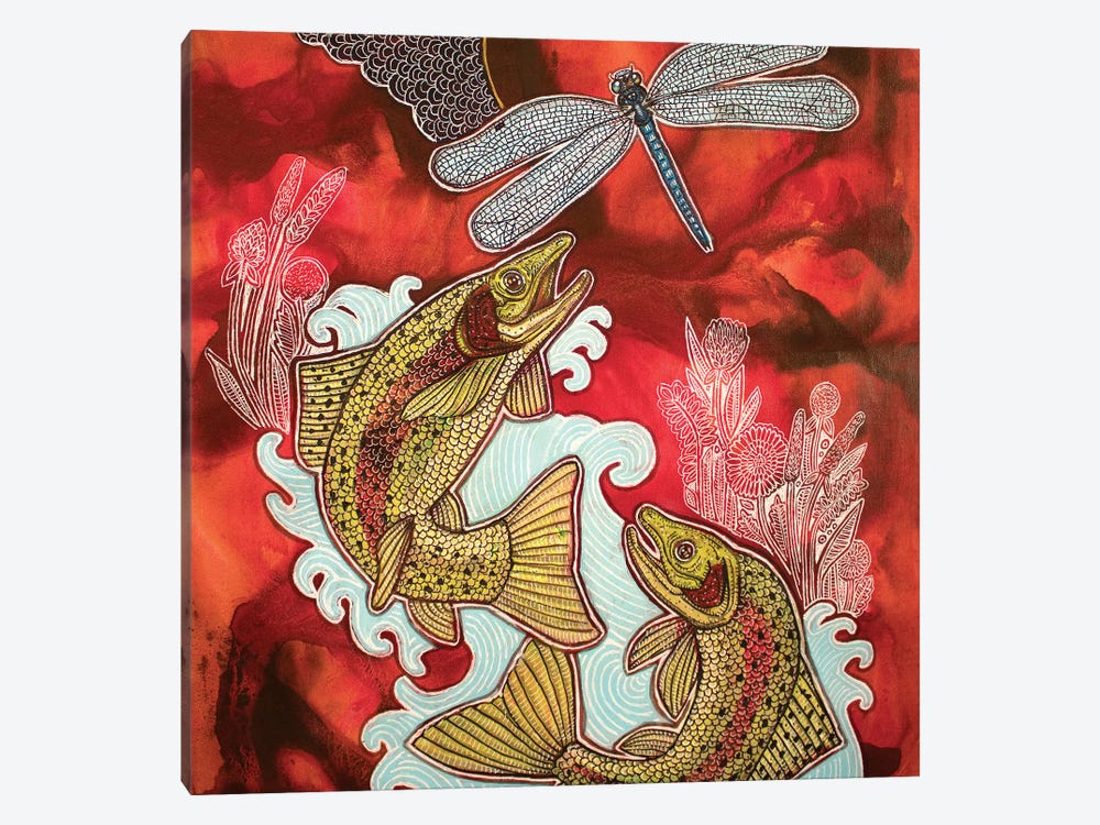 Red Sky, Leaping Trout by Lynnette Shelley 1-piece Canvas Print