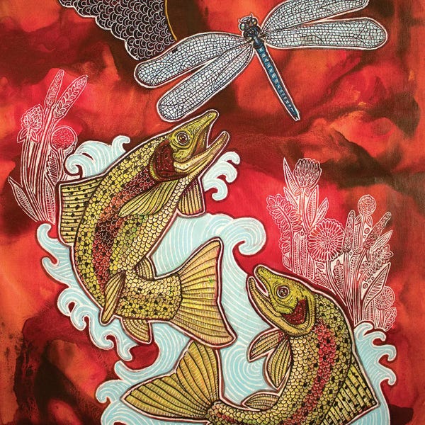 Trout: Red Sky, Leaping Trout by Lynnette Shelley