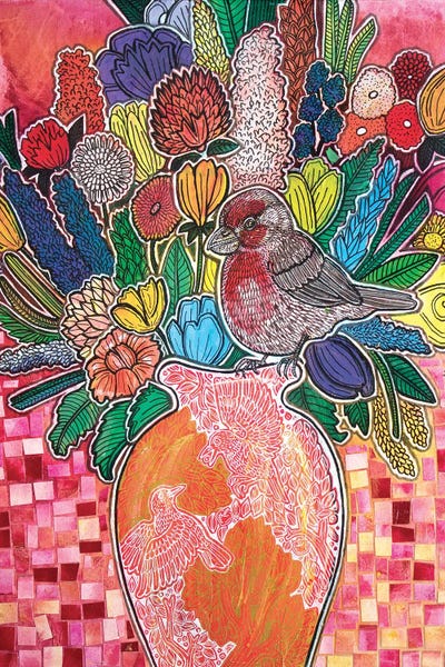 Blooming Rosefinch by Lynnette Shelley metal wall art