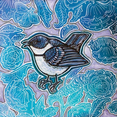 Warbler And Blue Roses by Lynnette Shelley art print