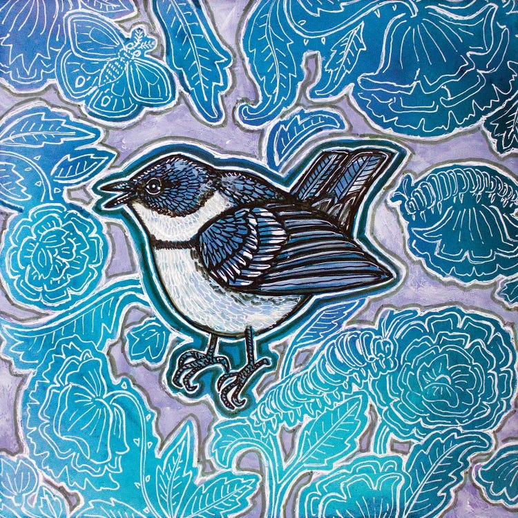 Warbler And Blue Roses