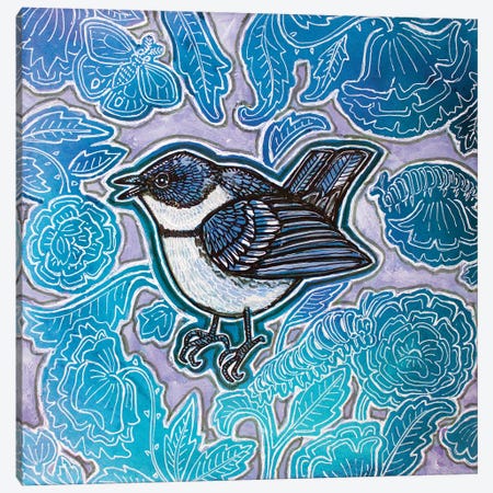 Warbler And Blue Roses Canvas Print #LSH478} by Lynnette Shelley Canvas Artwork