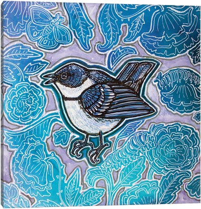 Warbler And Blue Roses Canvas Art Print - Lynnette Shelley