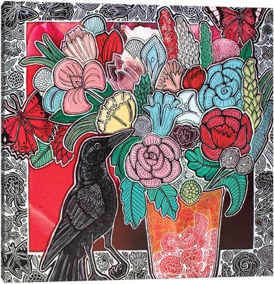 Flowers For Crow Canvas Art Print - Crow Art
