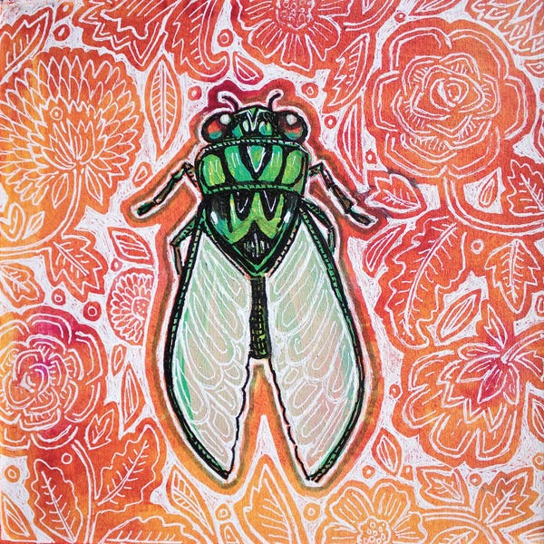 Cicadas: Cicada With Orange Flowers by Lynnette Shelley