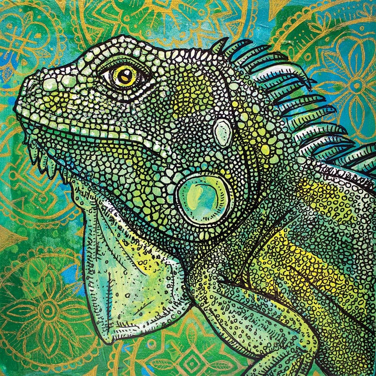 Iguana On Green And Gold by Lynnette Shelley wall art