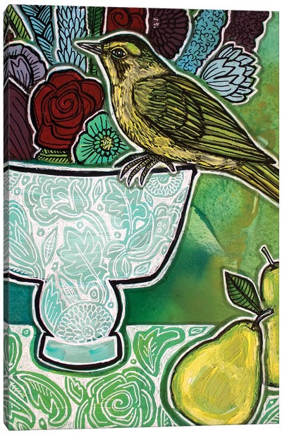 Warbler With Green Pears Canvas Art Print - Lynnette Shelley