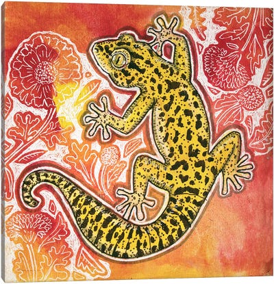 Gecko With Marigolds Canvas Art Print - Lizard Art