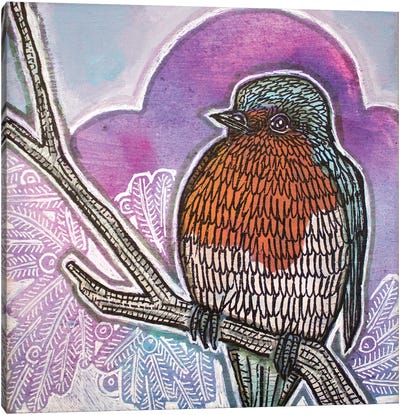 Winter Robin Canvas Art Print - Gray & Purple Art