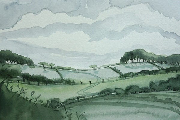 Serene Watercolors: Moody Day over the Hills by Luisa Millicent