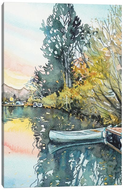 Still Sunset At The Lake Canvas Art Print - Rowboat Art