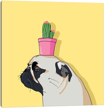 Pug Flower Pot Cactus Canvas Art Print - Pug Art