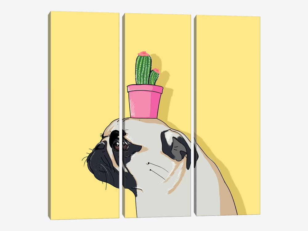 Pug Flower Pot Cactus by Lostanaw 3-piece Canvas Print
