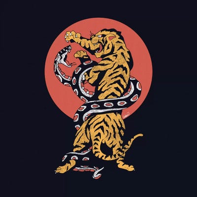 Classic Tattoo Snake Tiger by Lostanaw framed canvas print