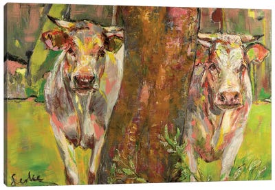 Two cows behind the tree Canvas Art Print - Liesbeth Serlie