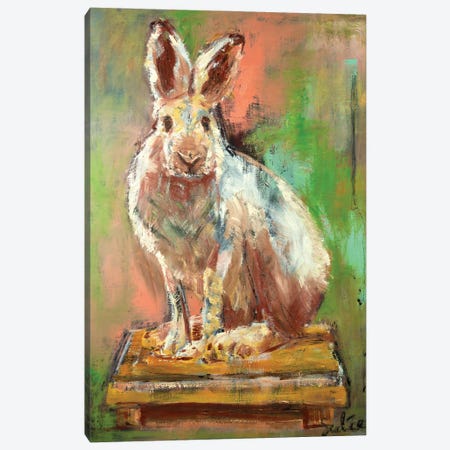 Rabbit On A Yellow Little Table Canvas Print #LSR52} by Liesbeth Serlie Canvas Artwork
