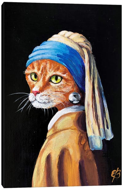 Cat With A Pearl Earring Canvas Art Print - Girl with a Pearl Earring Reimagined