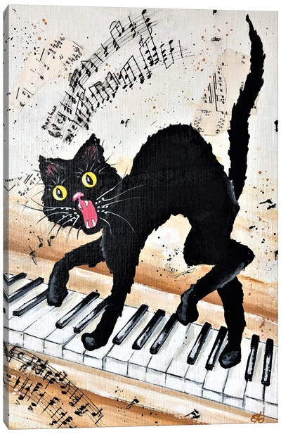 Black Cat Canvas Art Print - Piano Art