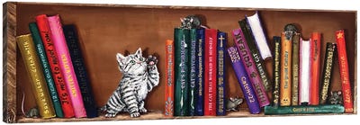 Bookshelf With A Kitten Canvas Art Print - Office Humor