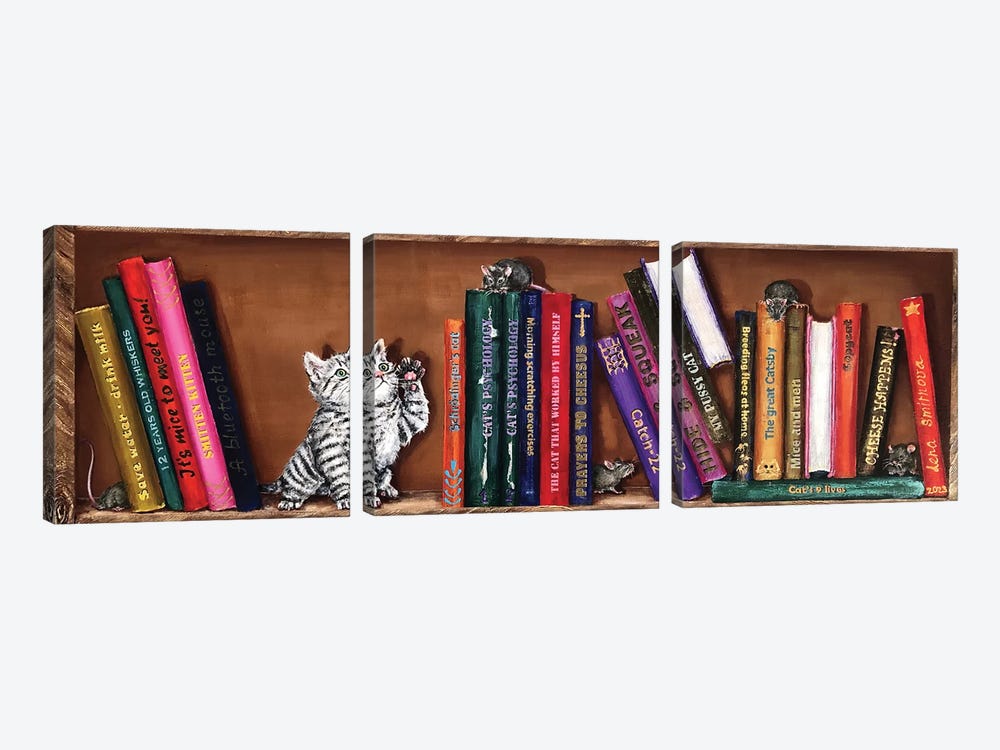 Bookshelf With A Kitten by Lena Smirnova 3-piece Canvas Artwork