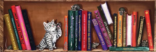 Office Humor: Bookshelf With A Kitten by Lena Smirnova