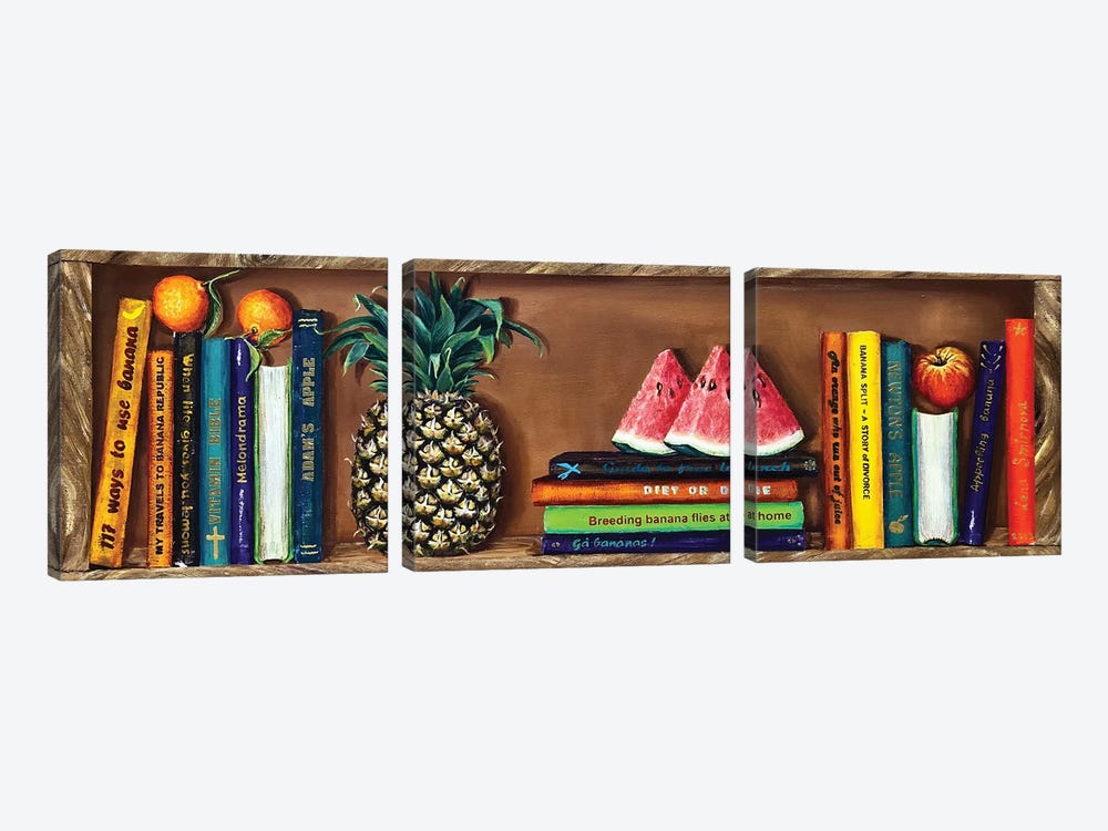 Bookshelf With Fruits by Lena Smirnova 3-piece Canvas Print