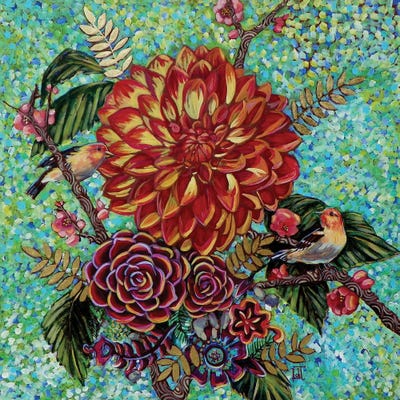 Western Tanagers With Dahlias by Linnea Tobias framed canvas print