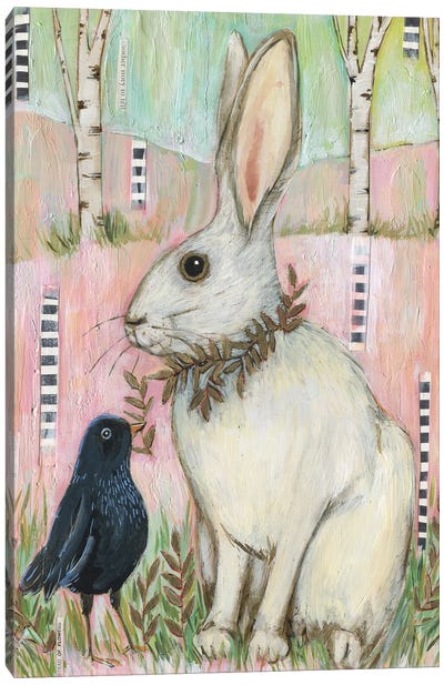 White Rabbit And Blackbird Canvas Art Print - Linnea Tobias