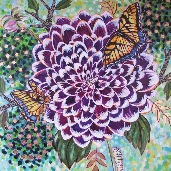 Dahlias: Dahlia With Swallowtail Butterflies by Linnea Tobias