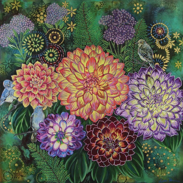 Dahlias: A Bluebird Day by Linnea Tobias