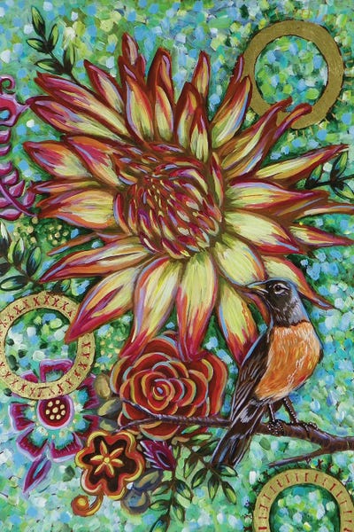 Robin With Dahlias by Linnea Tobias art print