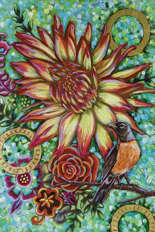Robin With Dahlias
