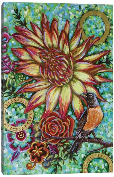 Robin With Dahlias Canvas Art Print - Robin Art