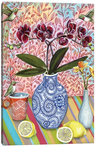 Still Life With Hiummingbirds Canvas Art Print - Orchid Art