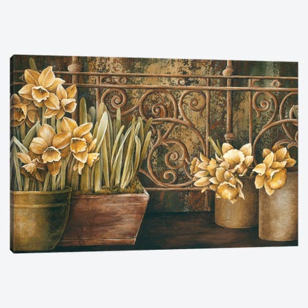 Ironwork With Daffodils Canvas Print #LTH20} by Linda Thompson Canvas Art